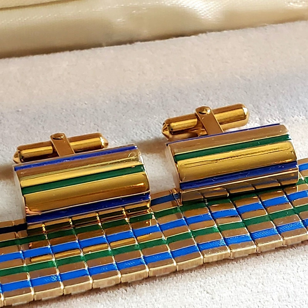 Destino Cufflinks Watch Band Blue Green Enamel Stripes 1/20 10K Gold Filled MCM